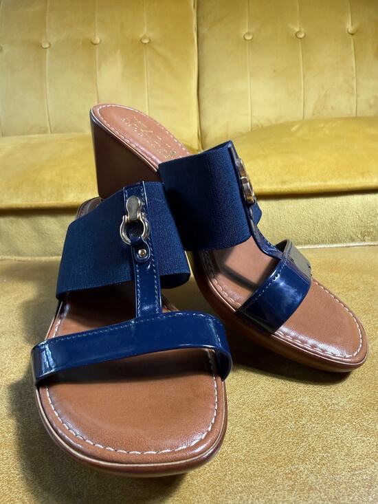 Italian Shoemakers Footwear Shoes - Italian Shoemakers Quiz Wedge Sandals Navy Blue Elastic Slide Thong Gold  7.5 M